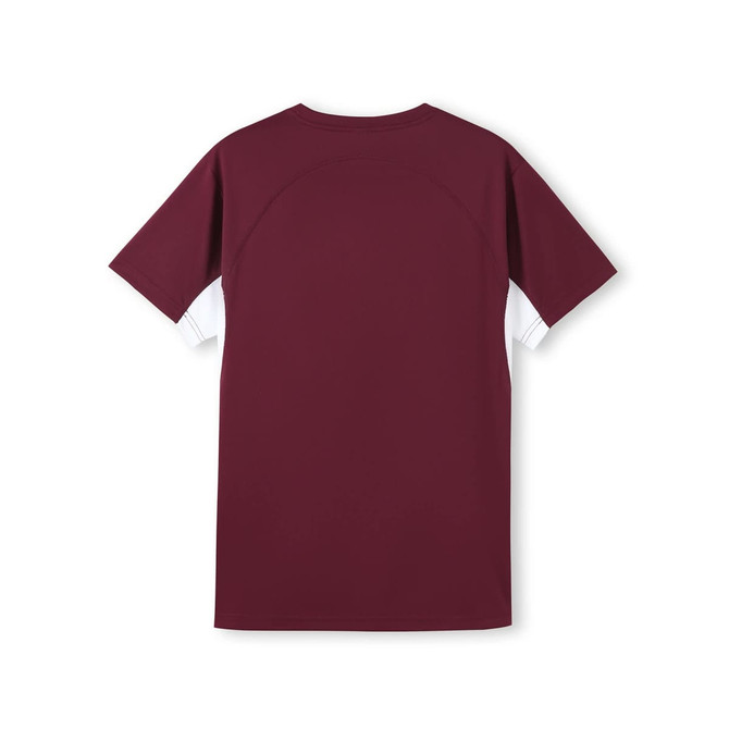 A maroon and white men's T-shirt featuring a logo, designed for cool, dry comfort.