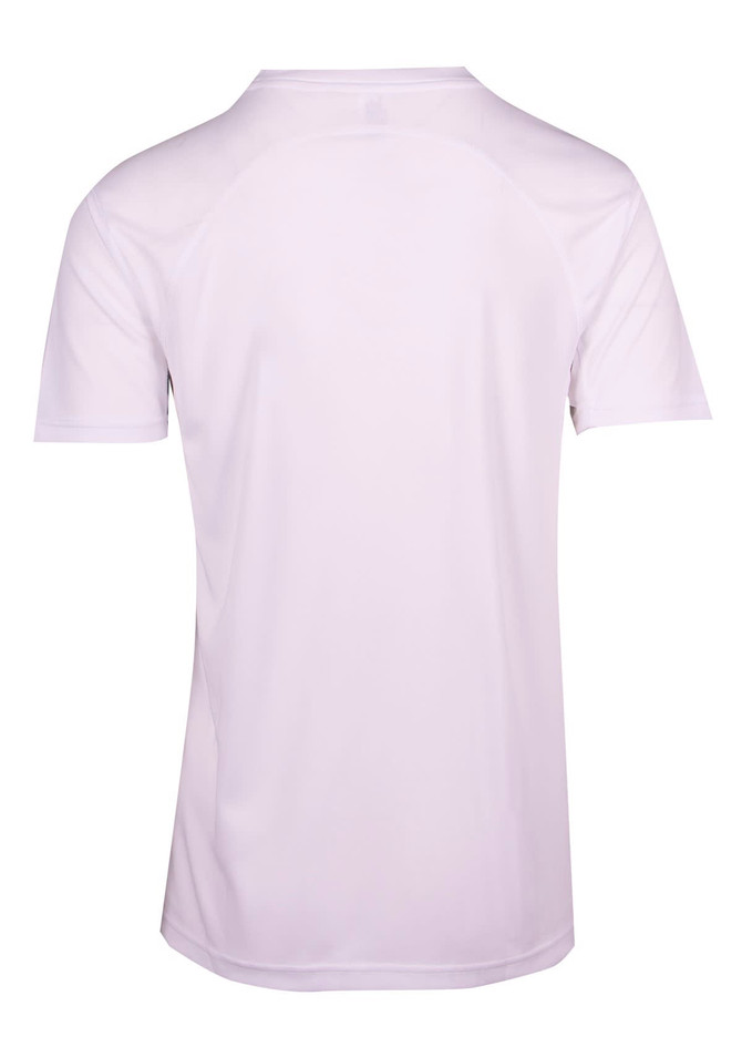 A white men's T-shirt featuring a sleek design with short sleeves and a logo on the back.