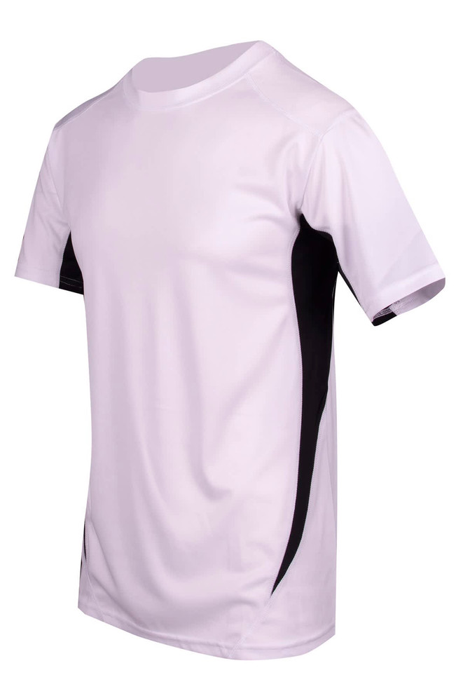 A white and black men's T-shirt featuring a logo and a cool dry fabric design.