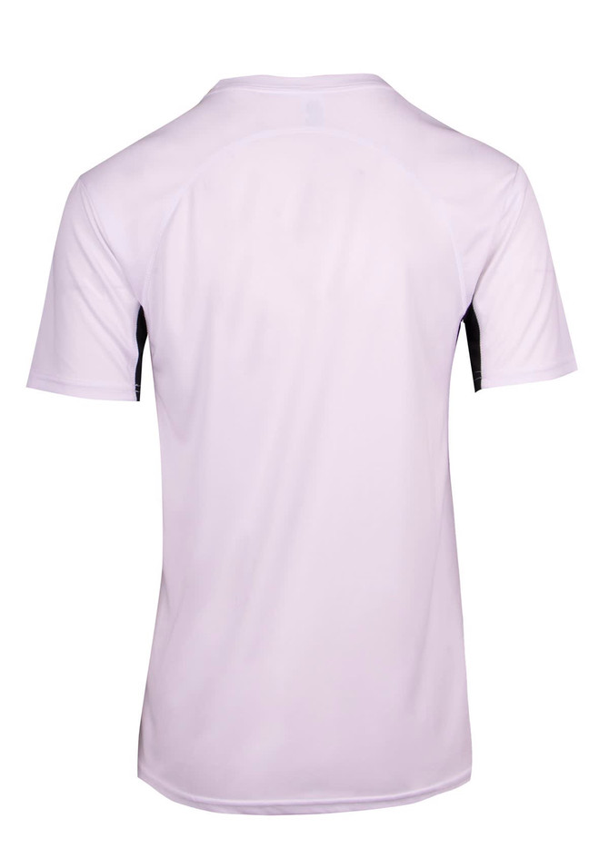 A white men's T-shirt featuring short sleeves, designed with a cool dry fabric and a logo on the back.