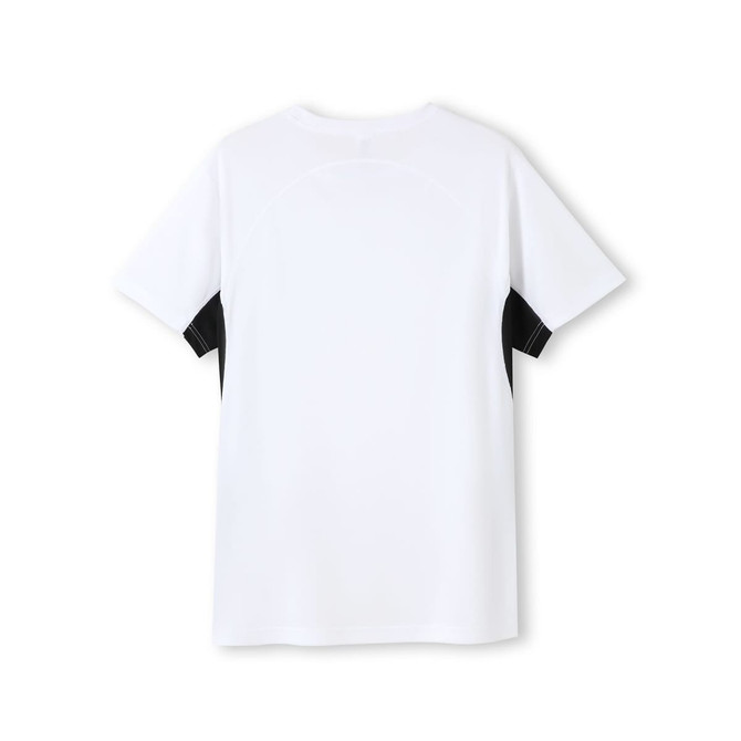 A white men's T-shirt featuring short sleeves, designed with a cool dry fabric and a logo on the back.