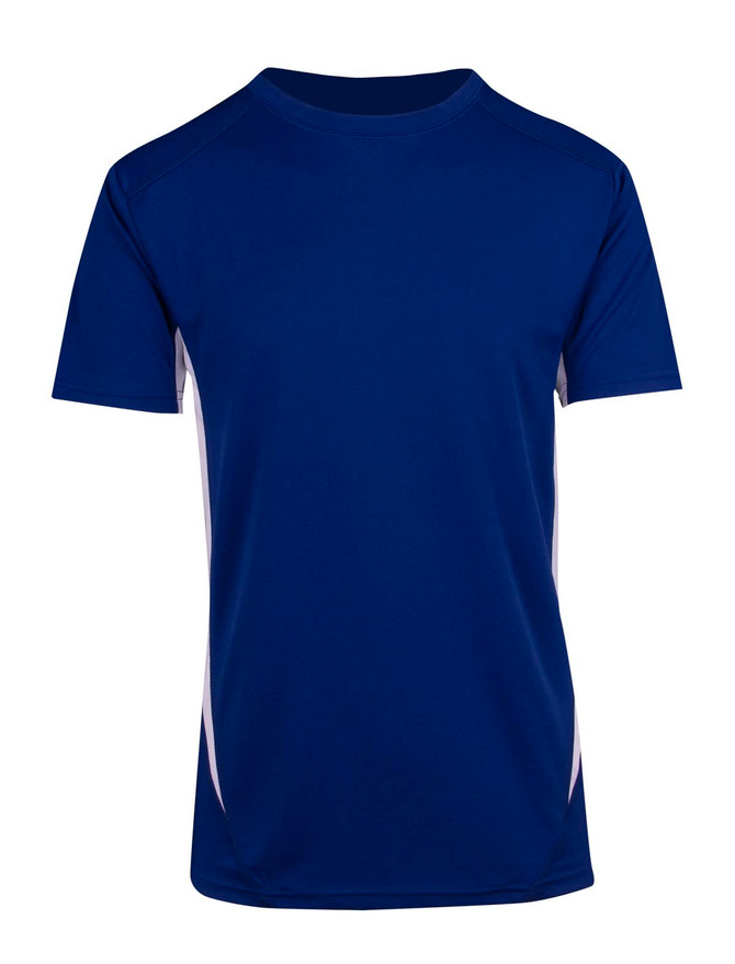 A navy blue men's t-shirt with short sleeves and white side accents, featuring a logo.