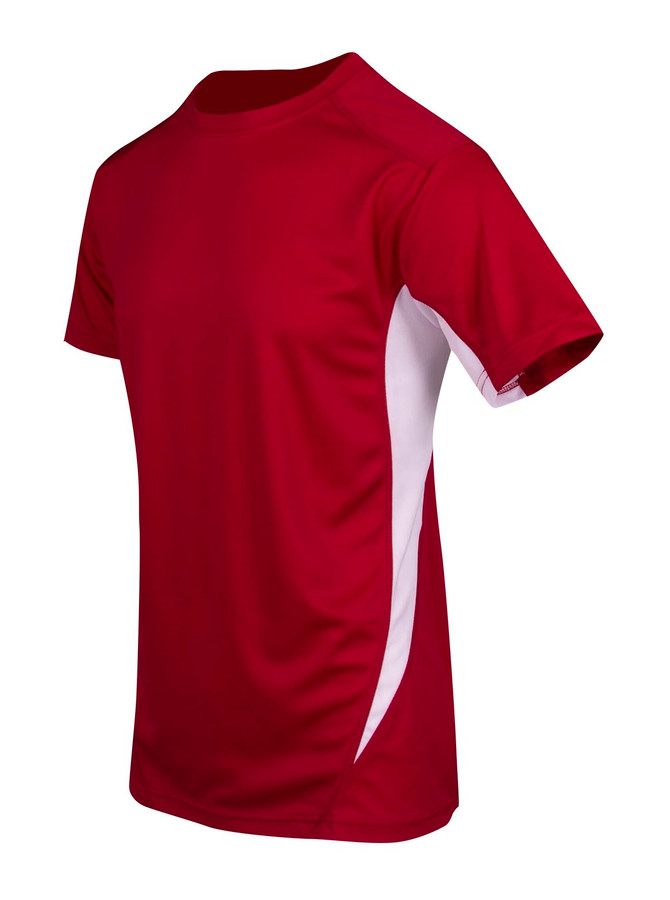 A red and white men's t-shirt with a cool dry fabric, featuring short sleeves and a branding logo.