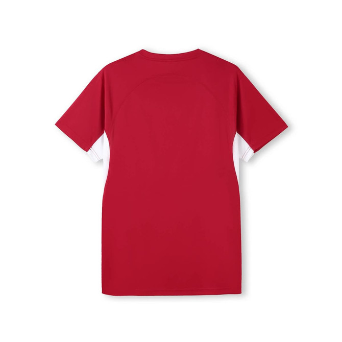 A red men's T-shirt with short sleeves, featuring a design on the back and a logo.