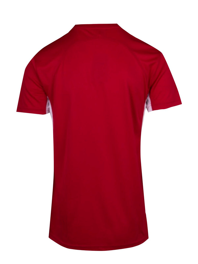 A red men's T-shirt with short sleeves, featuring a design on the back and a logo.