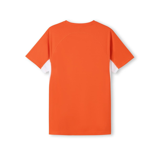 An orange men's t-shirt with a smooth fabric and short sleeves, featuring a branding logo.