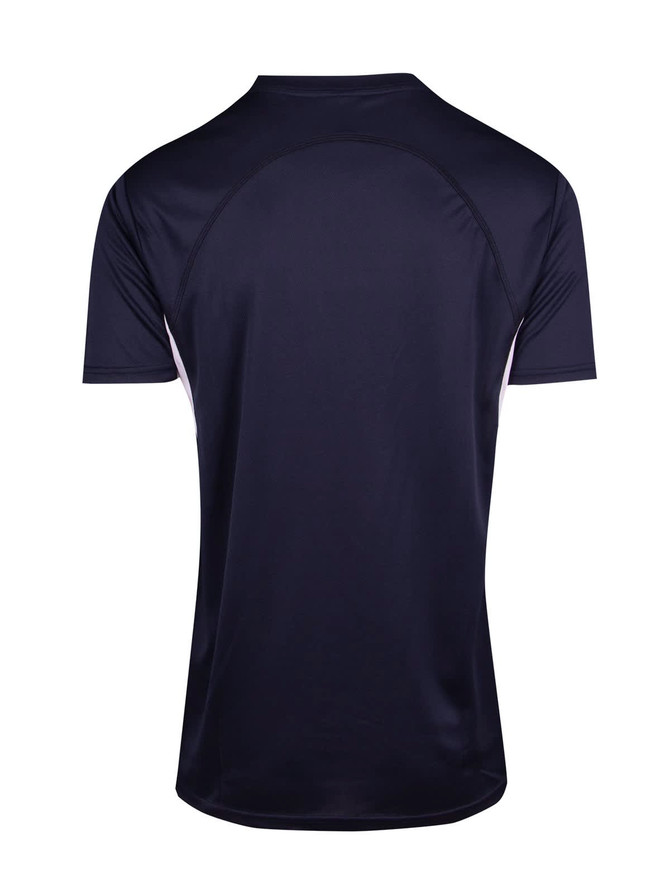 A navy blue men's t-shirt with a sleek design and a logo on the back. Made from cool dry fabric.
