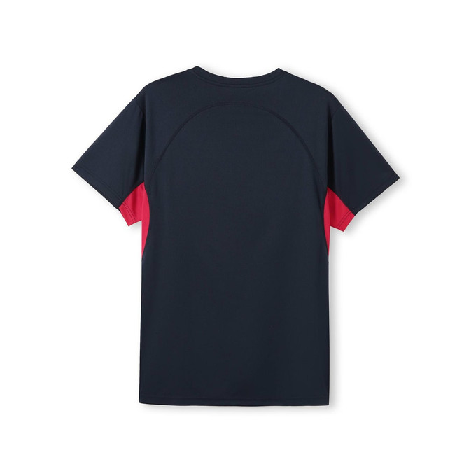 A navy and red men's t-shirt with a back design and a logo. Features short sleeves and a sporty look.
