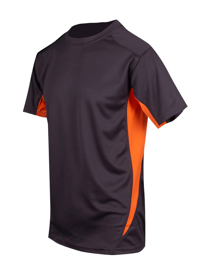 A black and orange men's T-shirt made from cool dry fabric, featuring a logo on one side.