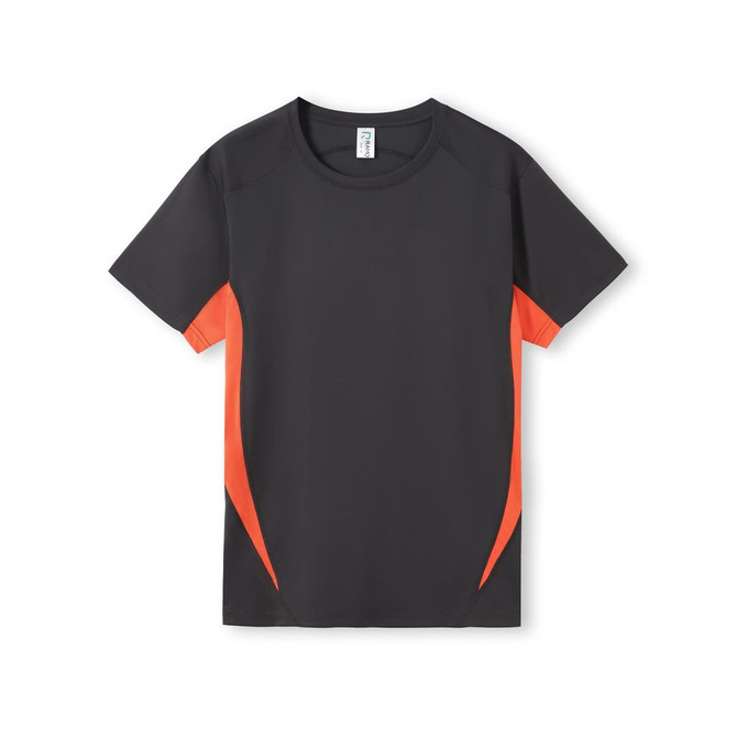A men's short-sleeve T-shirt in black with orange accents, featuring a logo on the front.