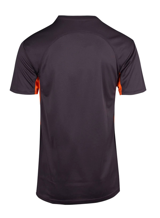 A men's T-shirt in dark grey with orange accents, featuring a smooth back design and a logo.