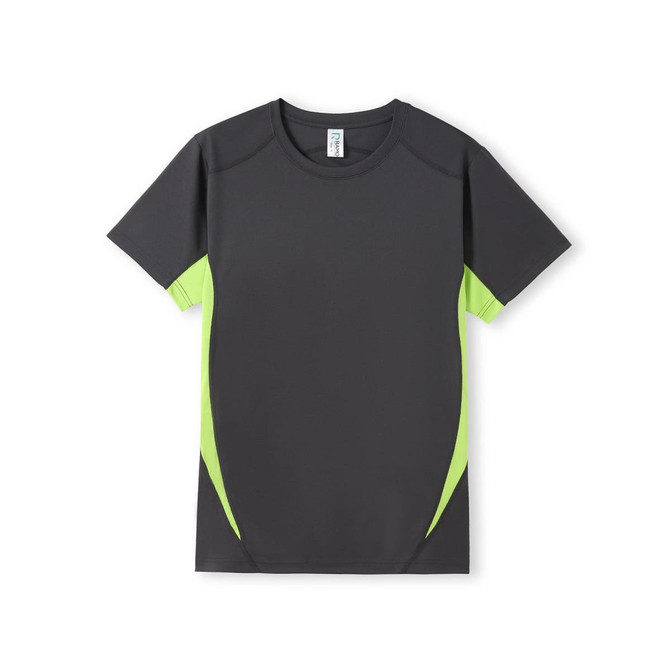 A black men's T-shirt with short sleeves, featuring lime green accents and a simple design. It has a logo on it.