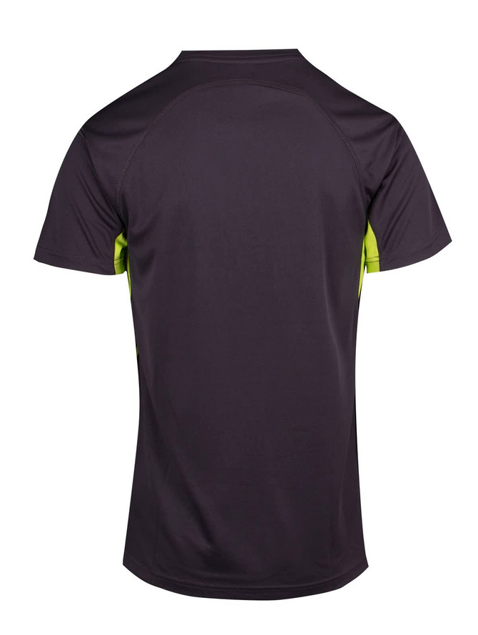 A dark grey T-shirt with bright green accents, featuring a logo on the back. Suitable for active wear.