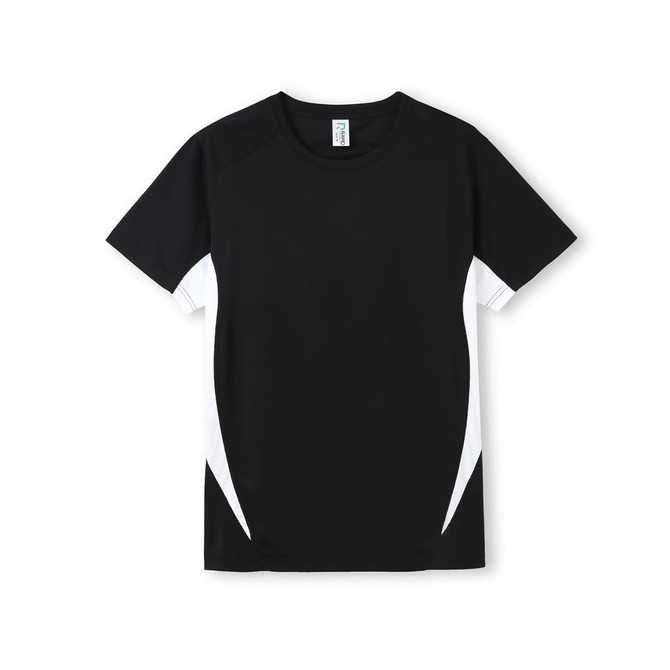 A black men's T-shirt with white side accents and a logo on the front. Suitable for active wear.
