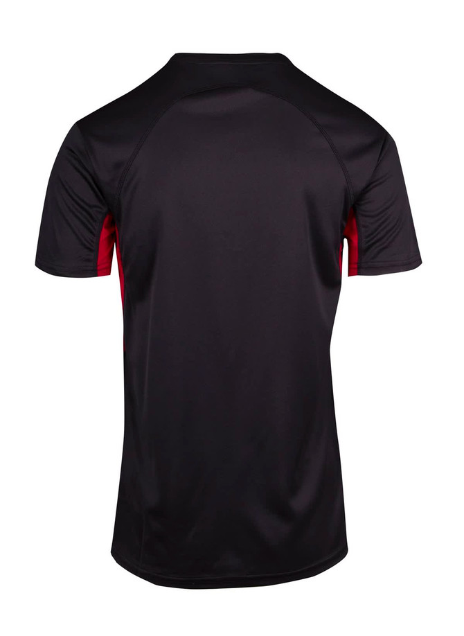 A black and red men's T-shirt with a smooth finish and a logo on the back.