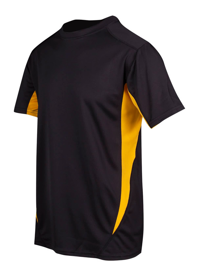 A black and yellow men's t-shirt with a logo, featuring a cool dry design. Suitable for active wear.