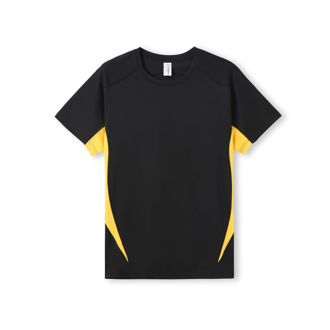 A black and yellow Men's Accelerator Cool Dry T-shirt featuring a logo.