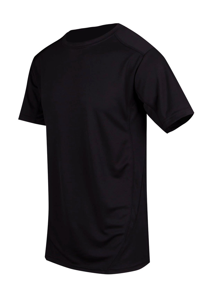 A black men's T-shirt made from cool dry fabric, featuring short sleeves and a fitted design. It has a logo on it.