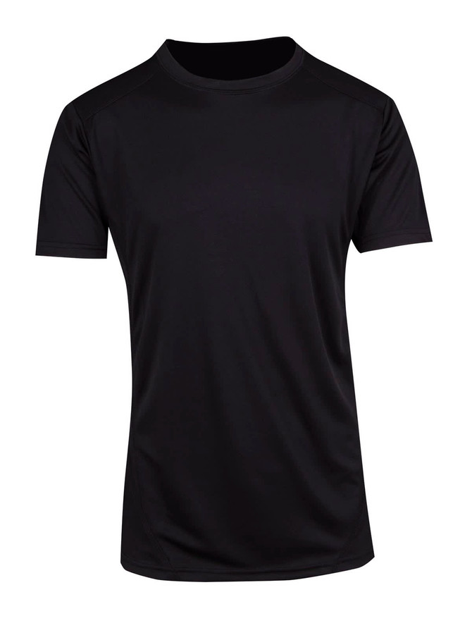 A black men's T-shirt made from cool dry fabric, featuring a round neckline and short sleeves. It has a logo.