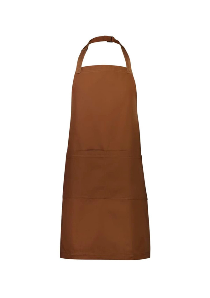 A brown apron featuring a large pocket and an adjustable neck strap. It has a simple design and a logo.
