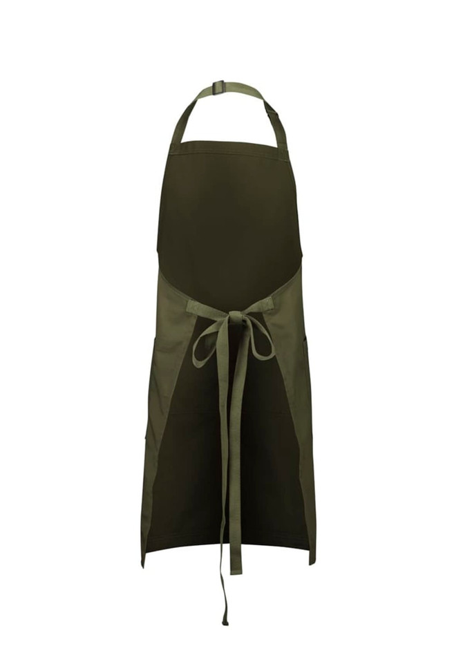 An olive green apron featuring a tie waist and pockets, with a logo on the front.
