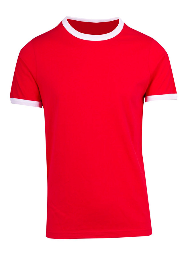 A red ringer T-shirt with white collar and sleeve accents. Features a logo on the front.