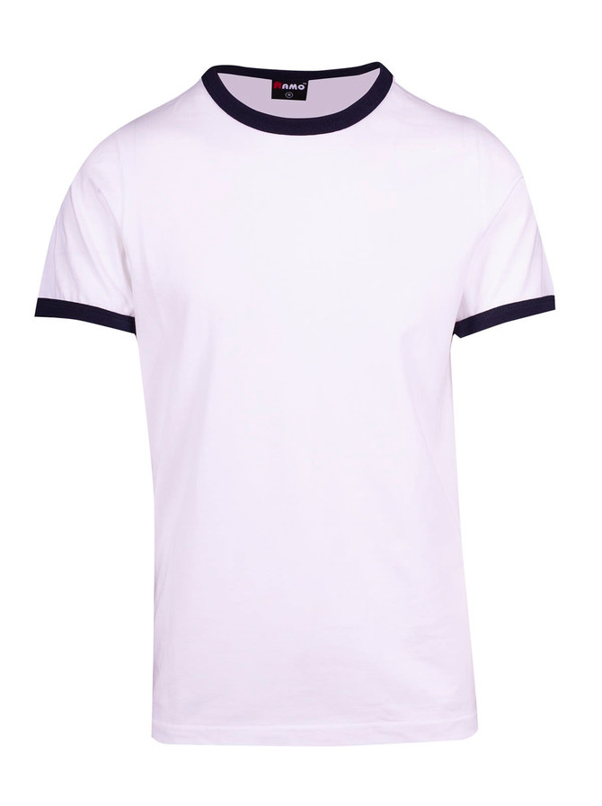 A white unisex ringer T-shirt with a navy blue collar and sleeves, featuring a logo on the label.