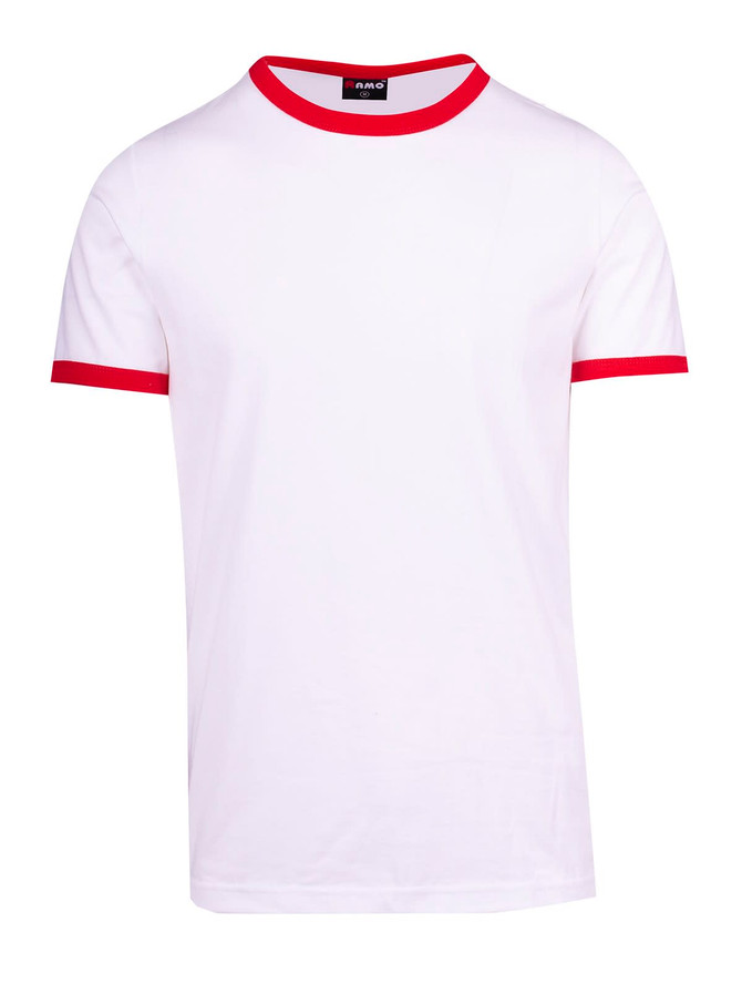 A white unisex ringer T-shirt with red trim around the collar and sleeves. It features a logo on the label.