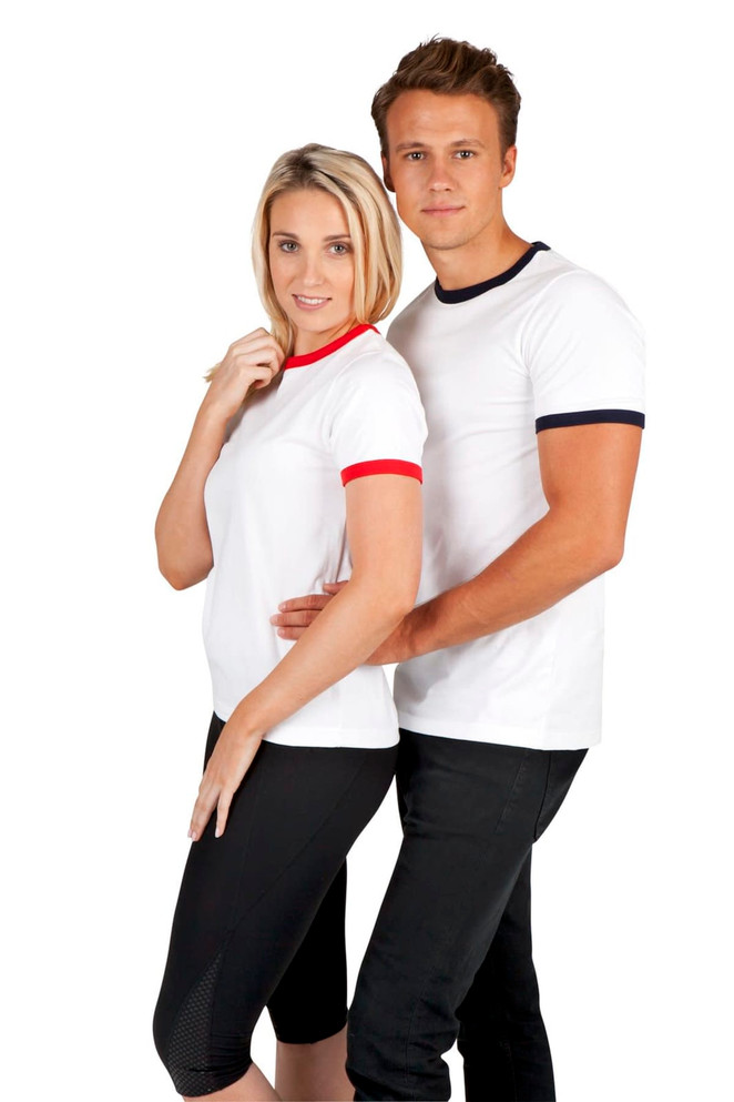 A white ringer t-shirt for men and women, featuring navy and red trim around the collars. Includes a logo.