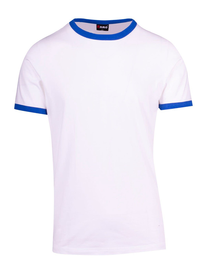 A white unisex ringer T-shirt featuring blue collar and sleeve accents, with a logo on the label.