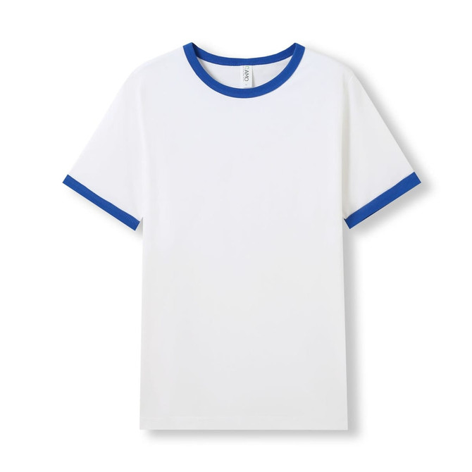 A white unisex ringer T-shirt featuring blue collar and sleeve accents, with a logo on the label.