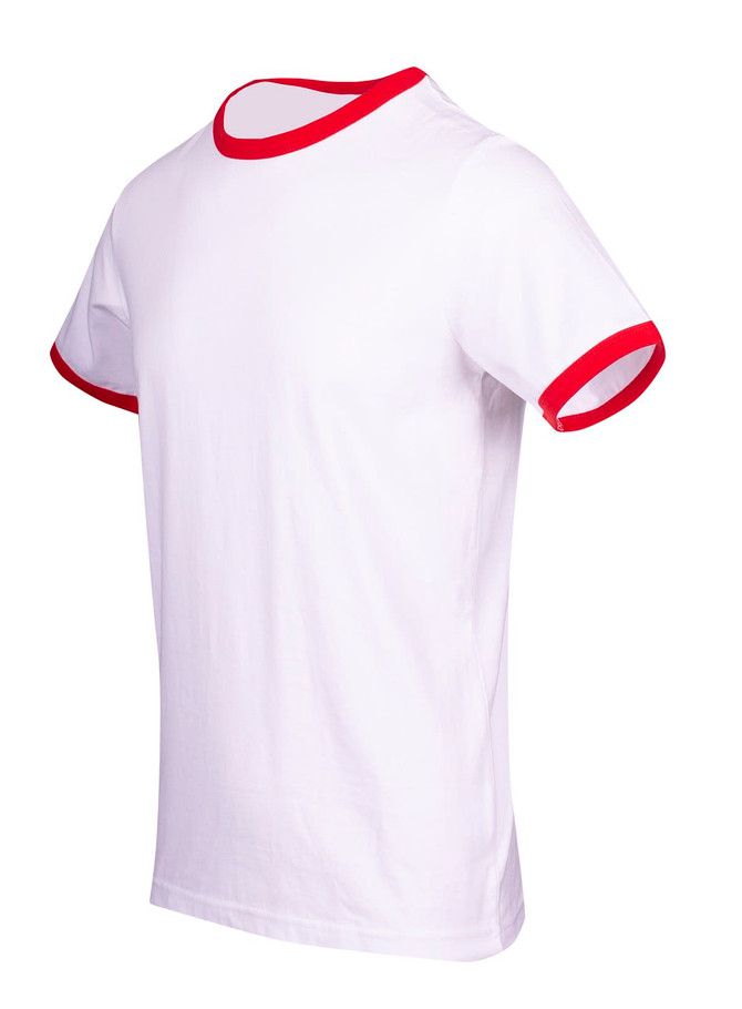 A white ringer T-shirt with red ribbed collar and sleeve edges. Features a logo on the chest.