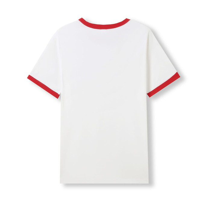 A unisex ringer T-shirt with a white body and red collar and sleeve trims, featuring a visible logo.
