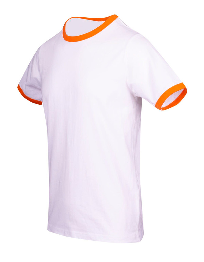 A white men's/unisex ringer T-shirt with orange trim on the neckline and sleeves. It features a logo.