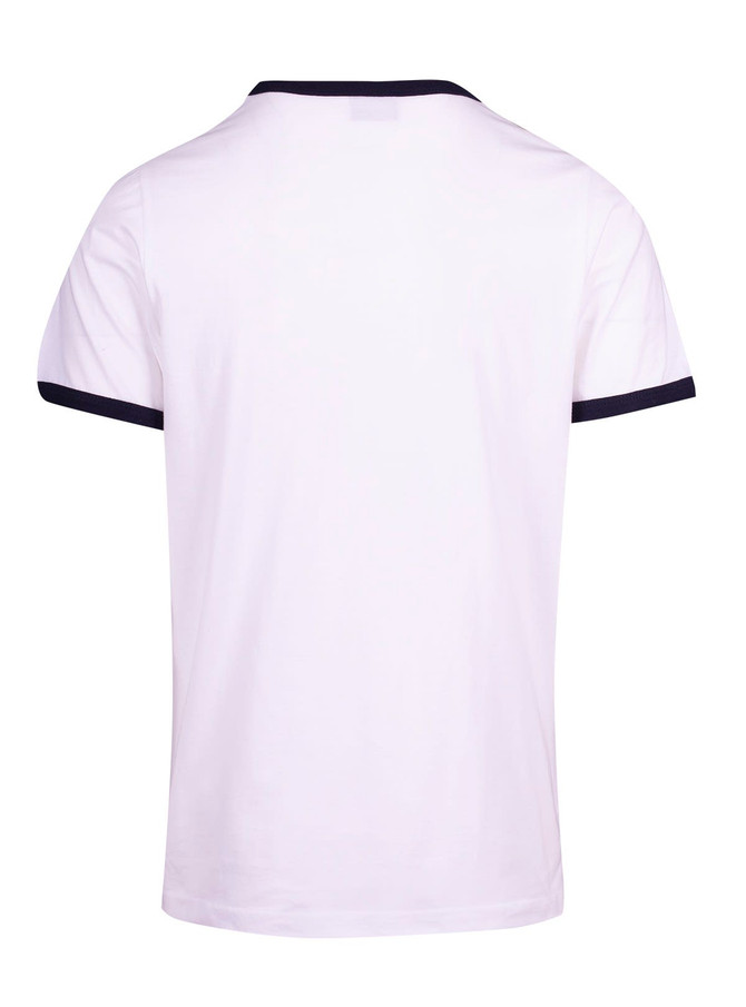 A white men's/unisex ringer T-shirt featuring a contrasting navy collar and sleeve trims. It has a label on the back.