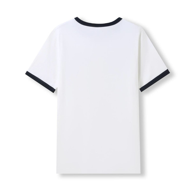 A white men's/unisex ringer T-shirt featuring a contrasting navy collar and sleeve trims. It has a label on the back.