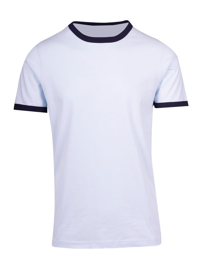 A light blue ringer T-shirt featuring a dark blue collar and sleeve trims. It has a logo on the front.