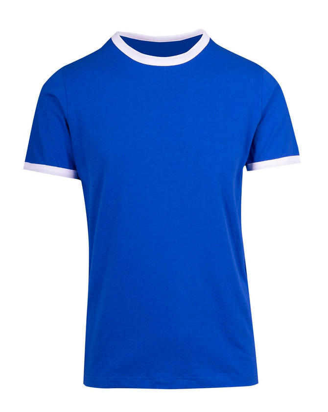A blue ringer T-shirt featuring white collar and sleeve accents, with a logo on the front.