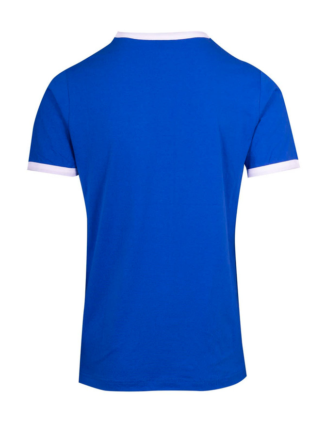 A blue unisex ringer T-shirt featuring contrasting white trim around the neckline and sleeves.