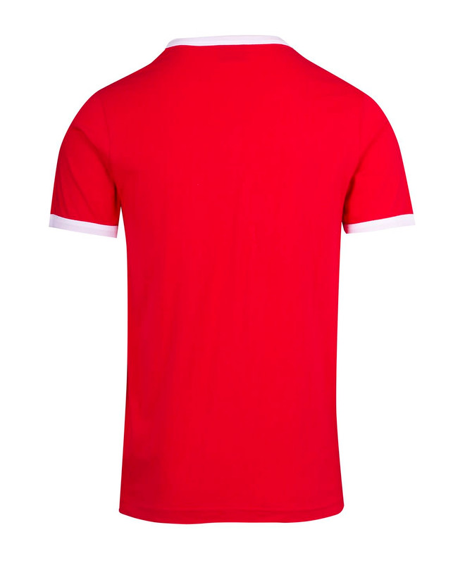 A red ringer T-shirt with white trim on the collar and sleeves. The back view is displayed.