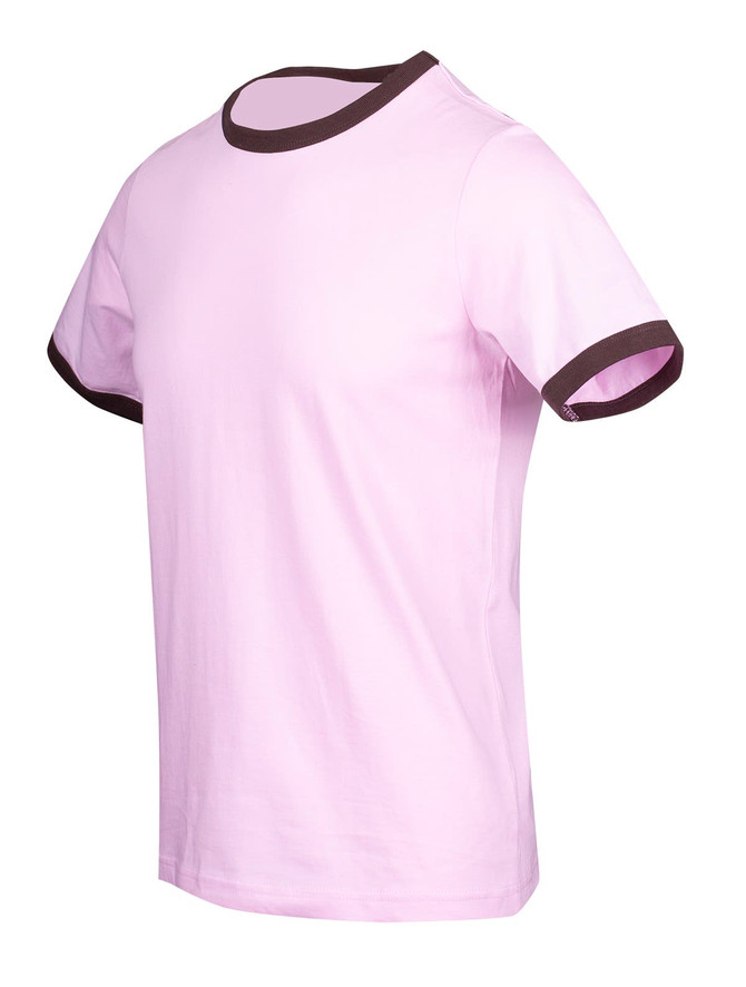 A light pink ringer T-shirt featuring dark brown trims on the collar and sleeves. Includes a logo.