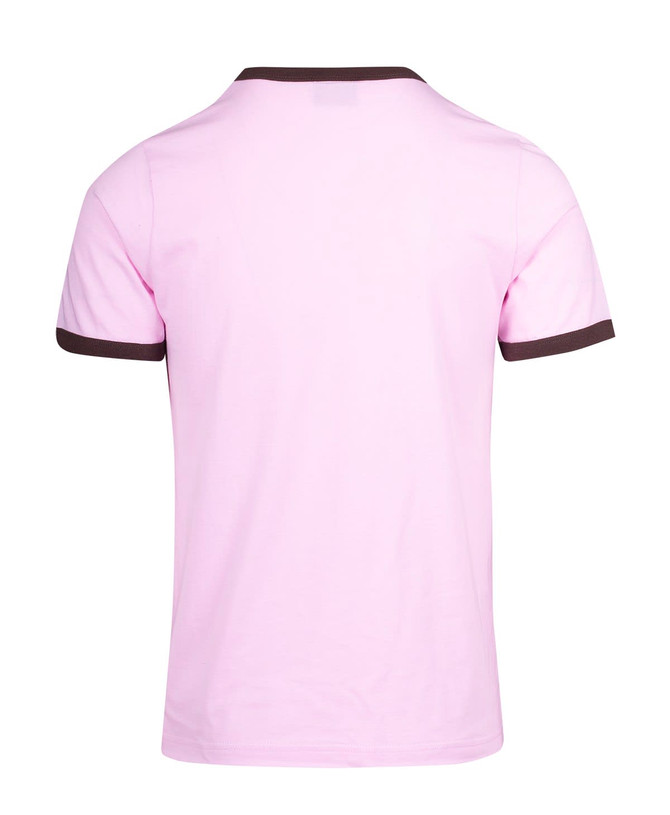 A pink unisex ringer T-shirt featuring brown trim around the collar and sleeves, with a logo on the back.