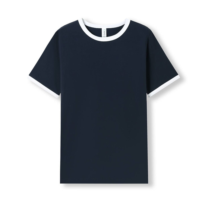 A navy blue ringer T-shirt with white trim on the collar and sleeves. It features a logo.