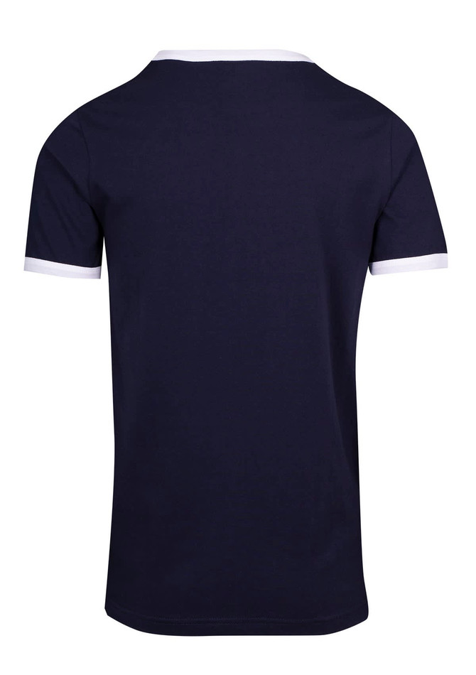 A navy ringer T-shirt featuring a contrasting white collar and sleeve hems, with a logo on the back.