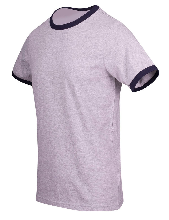 A grey ringer T-shirt with navy blue trim on the neck and sleeves, featuring a logo on the chest.