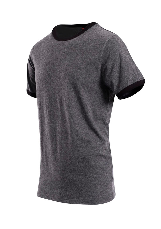A grey men's/unisex ringer T-shirt featuring black trim on the neckline and sleeves. It has a logo on the side.