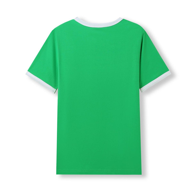 A green unisex ringer T-shirt featuring white collar and sleeve trim, with no visible branding.