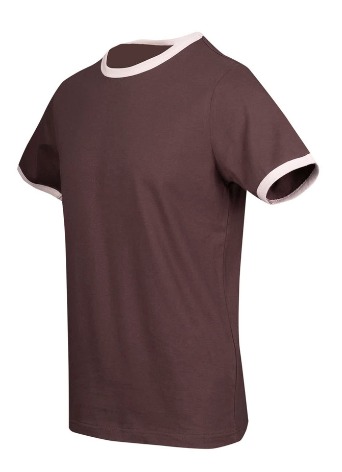 A brown ringer T-shirt featuring a contrasting light-coloured neckline and sleeve trims. It has a simple design with no logos.