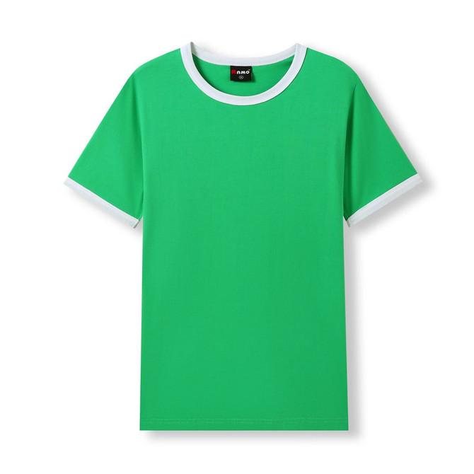 A green ringer T-shirt featuring white accents on the collar and sleeves, with a logo present.