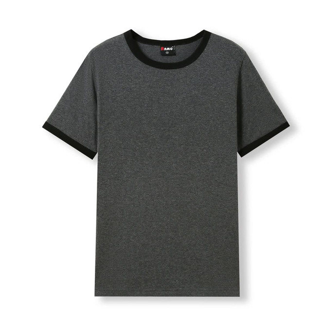 A grey ringer T-shirt featuring a black neckline and sleeve edges, with a logo on the tag.